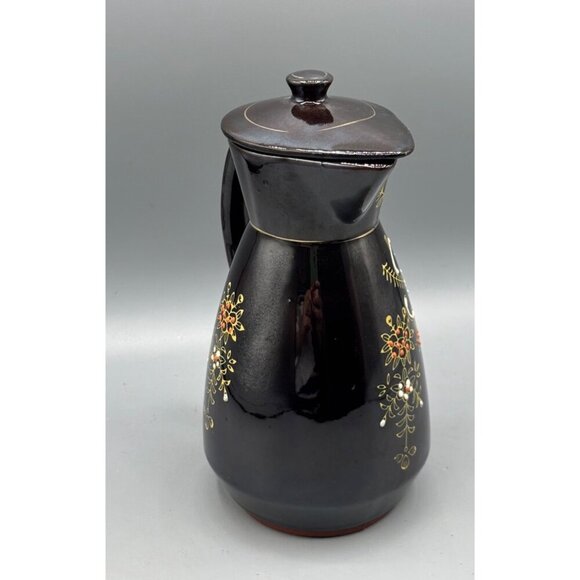 Vtg Redware Coffee Pot Black Ceramic Japan Hand Painted - Picture 2 of 7